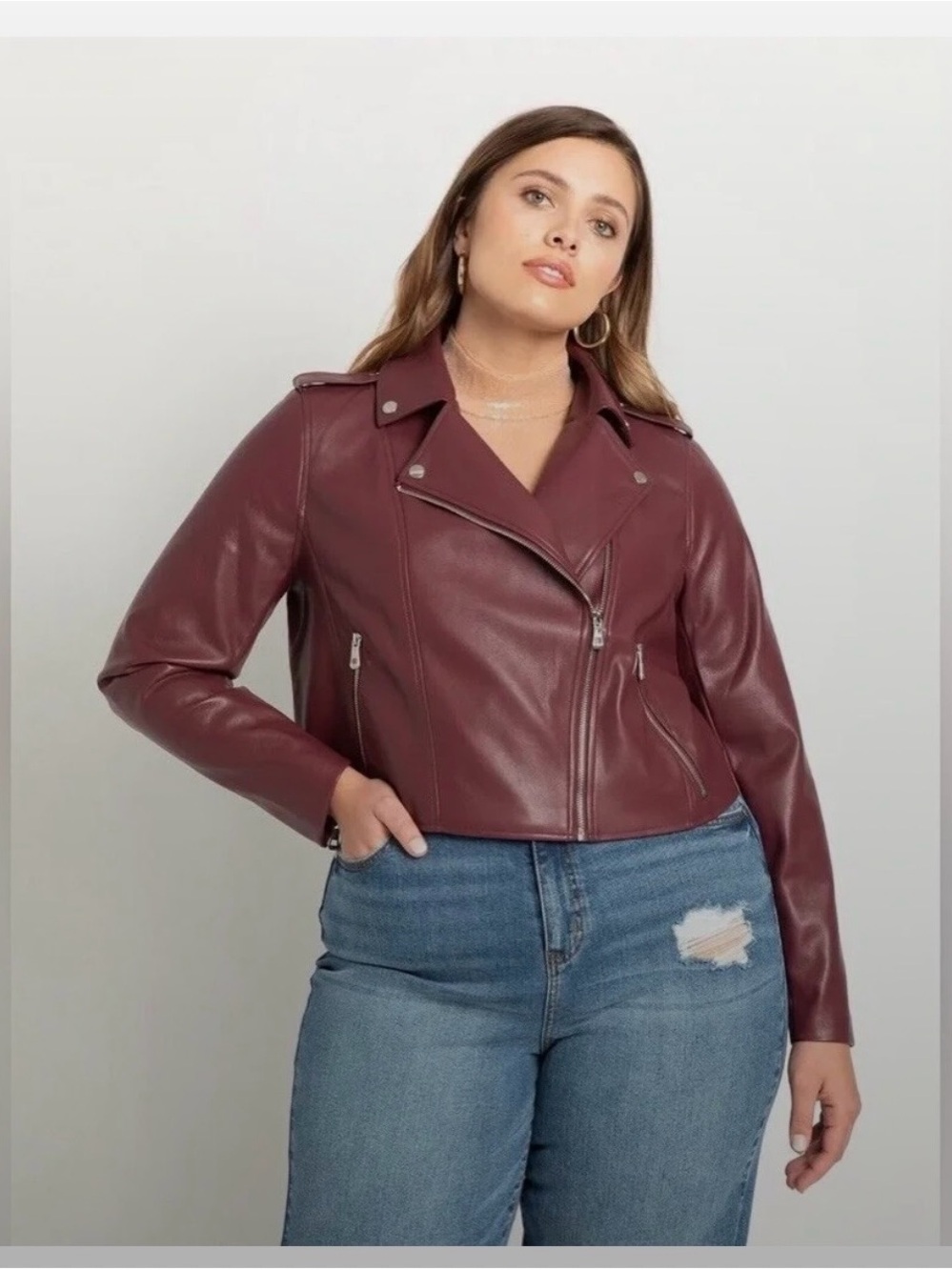 Eloquii Plus-Size Faux Leather Moto Jacket in Burgundy